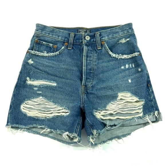 Abercrombie Fitch High Rise 4” Shorts Distressed Denim - Picture 1 of 7